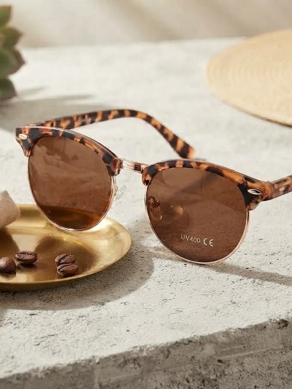 OWL Tortoiseshell Clubmaster Sunglasses Retro Browline UV400 Gold Accents - NWT